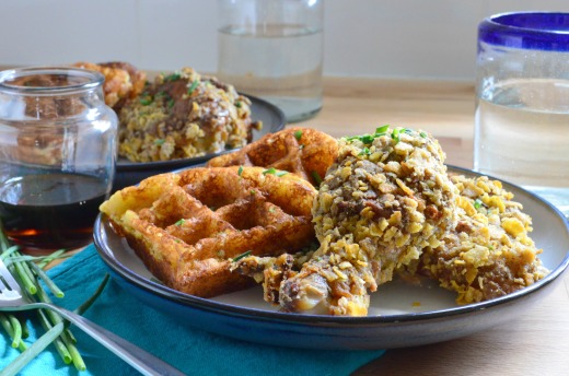 Potato & Chive Buttermilk Waffles with Spicy Sage Baked “Fried” Chicken