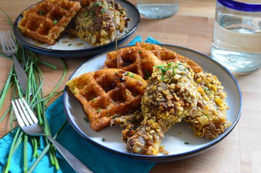 Potato & Chive Buttermilk Waffles with Spicy Sage Oven Fried Chicken -Syrup Pouring (1)